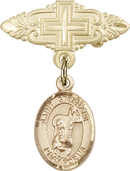 14kt Gold Filled Baby Badge with St. Stephanie Charm and Badge Pin with Cross