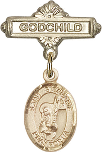 14kt Gold Baby Badge with St. Stephanie Charm and Godchild Badge Pin