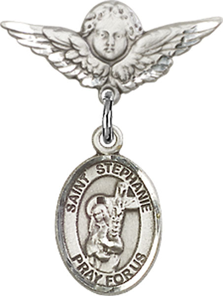 Sterling Silver Baby Badge with St. Stephanie Charm and Angel w/Wings Badge Pin