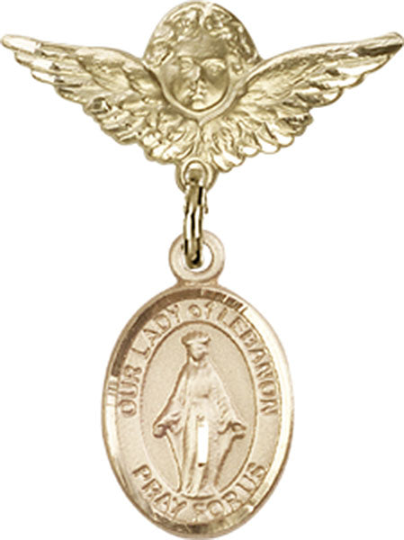 14kt Gold Baby Badge with O/L of Lebanon Charm and Angel w/Wings Badge Pin