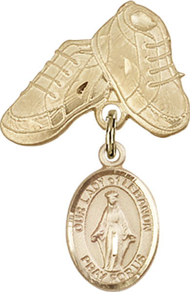 14kt Gold Baby Badge with O/L of Lebanon Charm and Baby Boots Pin