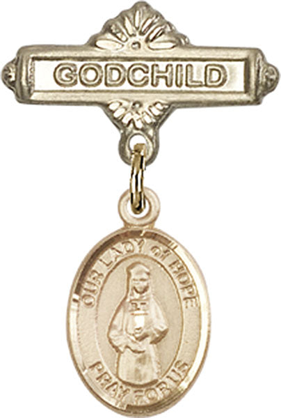 14kt Gold Filled Baby Badge with O/L of Hope Charm and Godchild Badge Pin