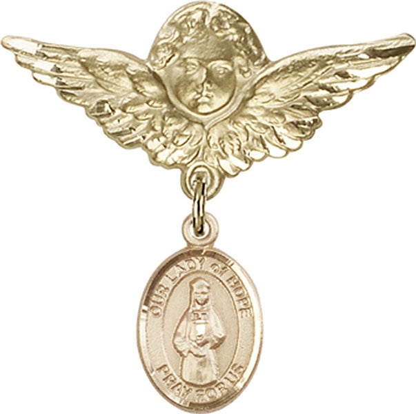 14kt Gold Baby Badge with O/L of Hope Charm and Angel w/Wings Badge Pin