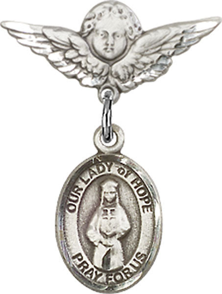 Sterling Silver Baby Badge with O/L of Hope Charm and Angel w/Wings Badge Pin
