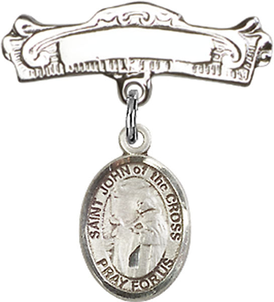 Sterling Silver Baby Badge with St. John of the Cross Charm and Arched Polished Badge Pin
