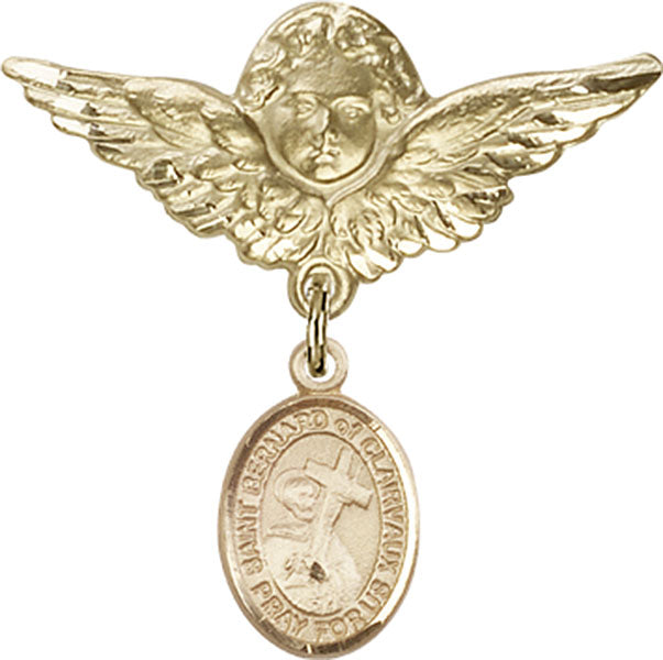 14kt Gold Filled Baby Badge with St. Bernard of Clairvaux Charm and Angel w/Wings Badge Pin