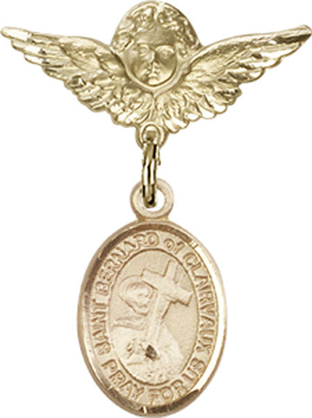 14kt Gold Filled Baby Badge with St. Bernard of Clairvaux Charm and Angel w/Wings Badge Pin