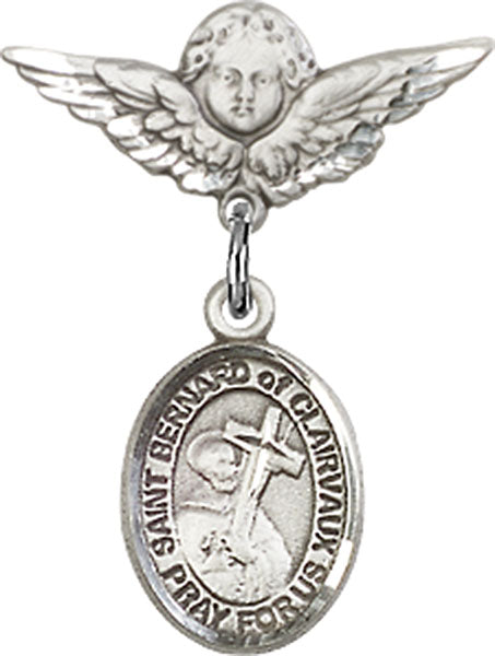 Sterling Silver Baby Badge with St. Bernard of Clairvaux Charm and Angel w/Wings Badge Pin