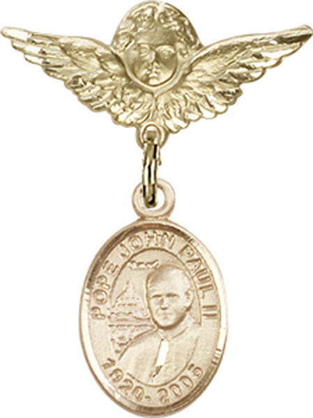 14kt Gold Filled Baby Badge with St. John Paul II Charm and Angel w/Wings Badge Pin