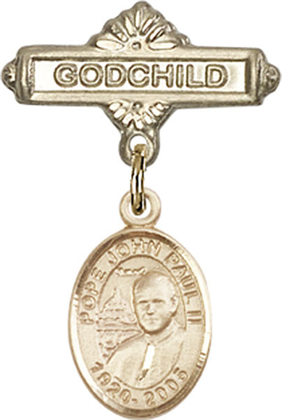 14kt Gold Filled Baby Badge with St. John Paul II Charm and Godchild Badge Pin