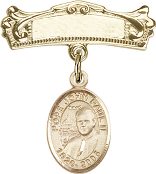 14kt Gold Baby Badge with St. John Paul II Charm and Arched Polished Badge Pin