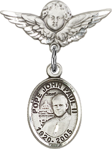 Sterling Silver Baby Badge with St. John Paul II Charm and Angel w/Wings Badge Pin