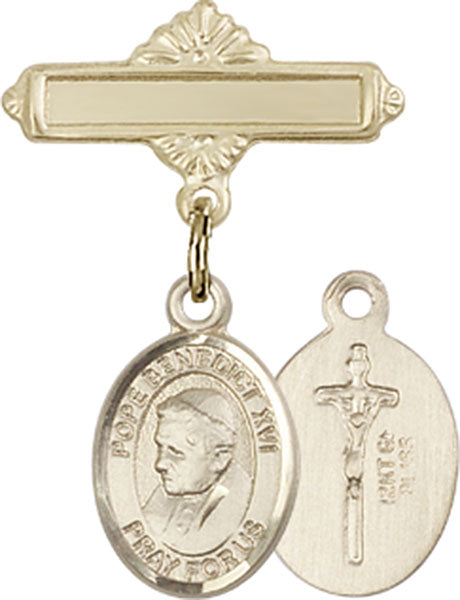 14kt Gold Filled Baby Badge with Pope Benedict XVI Charm and Polished Badge Pin