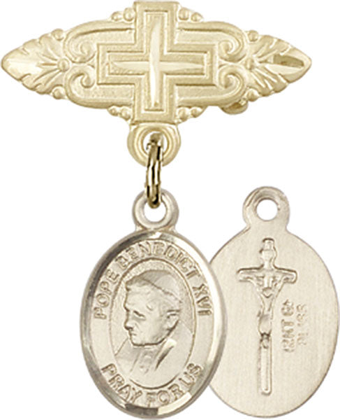 14kt Gold Filled Baby Badge with Pope Benedict XVI Charm and Badge Pin with Cross