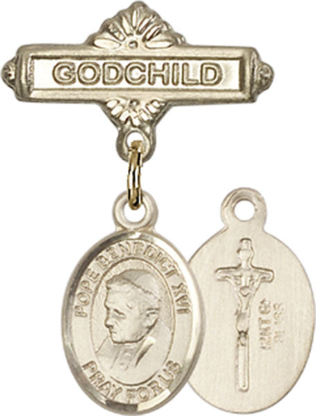 14kt Gold Filled Baby Badge with Pope Benedict XVI Charm and Godchild Badge Pin