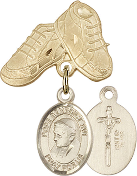14kt Gold Filled Baby Badge with Pope Benedict XVI Charm and Baby Boots Pin