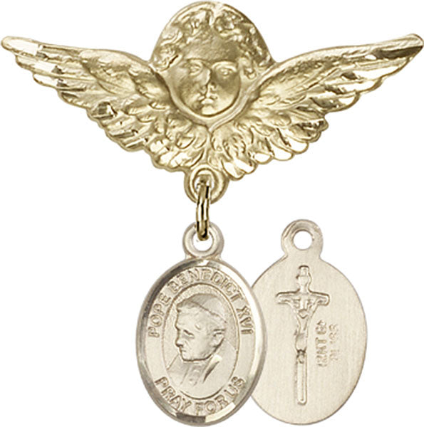 14kt Gold Baby Badge with Pope Benedict XVI Charm and Angel w/Wings Badge Pin