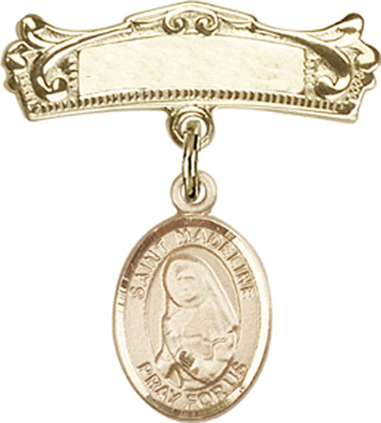14kt Gold Filled Baby Badge with St. Madeline Sophie Barat Charm and Arched Polished Badge Pin