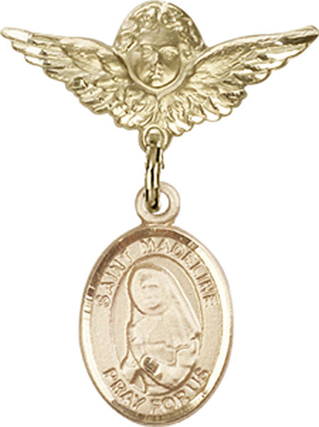 14kt Gold Filled Baby Badge with St. Madeline Sophie Barat Charm and Angel w/Wings Badge Pin
