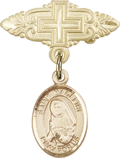 14kt Gold Baby Badge with St. Madeline Sophie Barat Charm and Badge Pin with Cross