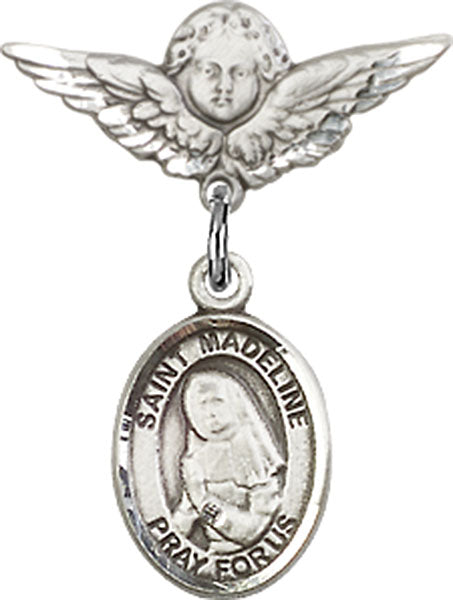 Sterling Silver Baby Badge with St. Madeline Sophie Barat Charm and Angel w/Wings Badge Pin