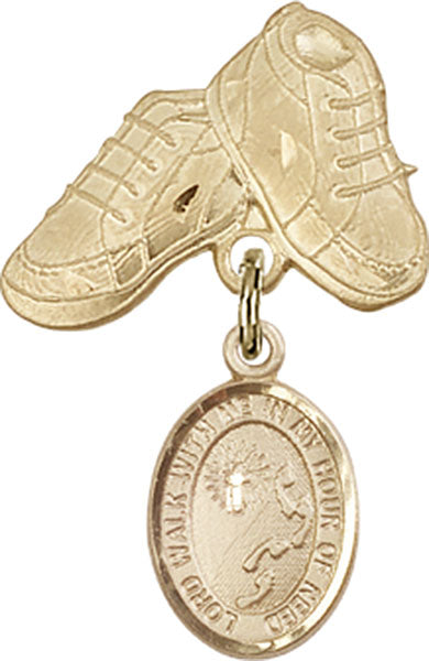 14kt Gold Baby Badge with Footprints / Cross Charm and Baby Boots Pin