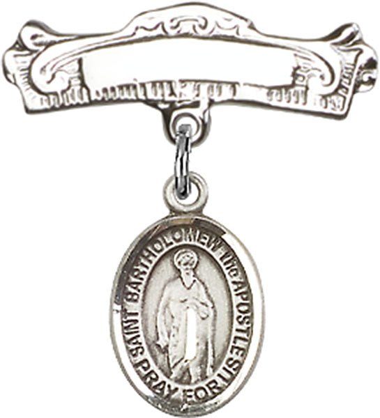 Sterling Silver Baby Badge with St. Bartholomew the Apostle Charm and Arched Polished Badge Pin