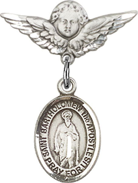 Sterling Silver Baby Badge with St. Bartholomew the Apostle Charm and Angel w/Wings Badge Pin