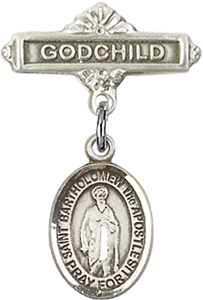 Sterling Silver Baby Badge with St. Bartholomew the Apostle Charm and Godchild Badge Pin