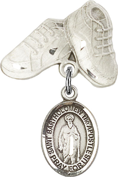 Sterling Silver Baby Badge with St. Bartholomew the Apostle Charm and Baby Boots Pin