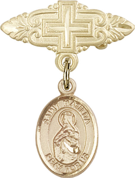 14kt Gold Filled Baby Badge with St. Matilda Charm and Badge Pin with Cross