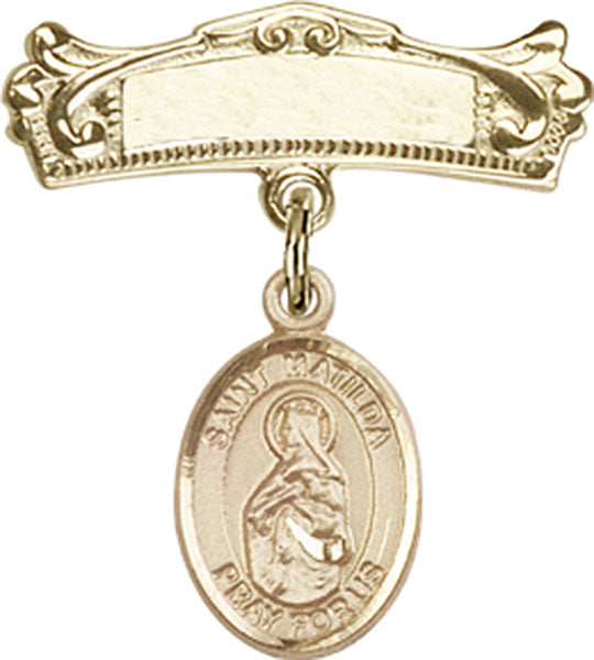 14kt Gold Baby Badge with St. Matilda Charm and Arched Polished Badge Pin