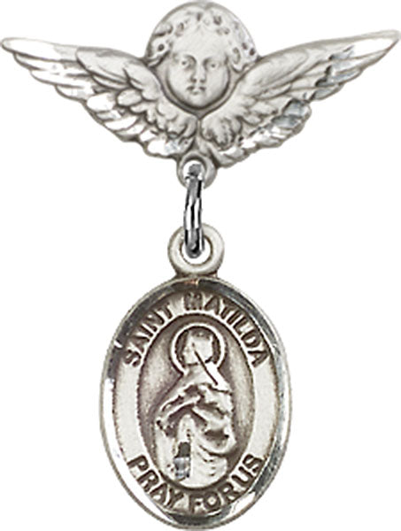 Sterling Silver Baby Badge with St. Matilda Charm and Angel w/Wings Badge Pin