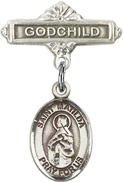 Sterling Silver Baby Badge with St. Matilda Charm and Godchild Badge Pin