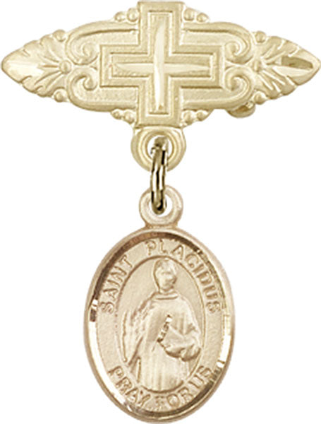 14kt Gold Filled Baby Badge with St. Placidus Charm and Badge Pin with Cross