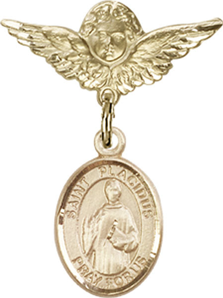 14kt Gold Baby Badge with St. Placidus Charm and Angel w/Wings Badge Pin