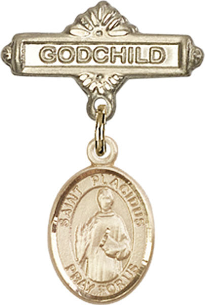 14kt Gold Baby Badge with St. Placidus Charm and Godchild Badge Pin