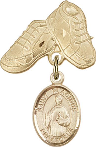 14kt Gold Baby Badge with St. Placidus Charm and Baby Boots Pin