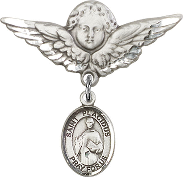 Sterling Silver Baby Badge with St. Placidus Charm and Angel w/Wings Badge Pin