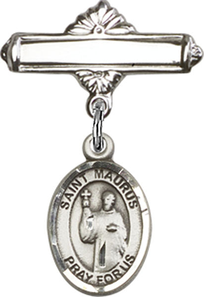 Sterling Silver Baby Badge with St. Maurus Charm and Polished Badge Pin
