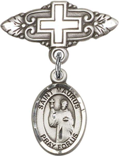 Sterling Silver Baby Badge with St. Maurus Charm and Badge Pin with Cross