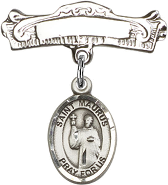 Sterling Silver Baby Badge with St. Maurus Charm and Arched Polished Badge Pin