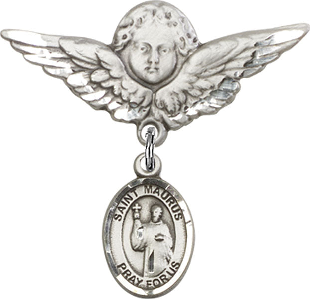 Sterling Silver Baby Badge with St. Maurus Charm and Angel w/Wings Badge Pin