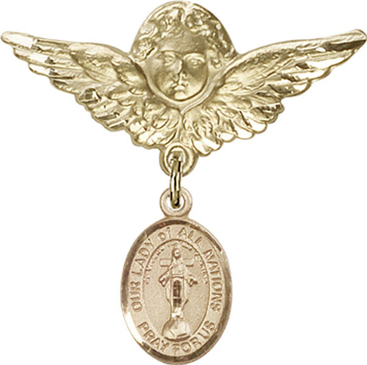 14kt Gold Baby Badge with O/L of All Nations Charm and Angel w/Wings Badge Pin