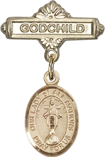 14kt Gold Baby Badge with O/L of All Nations Charm and Godchild Badge Pin