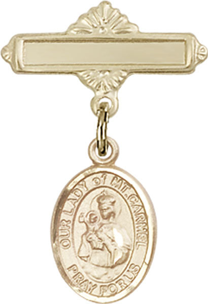 14kt Gold Baby Badge with O/L of Mount Carmel Charm and Polished Badge Pin