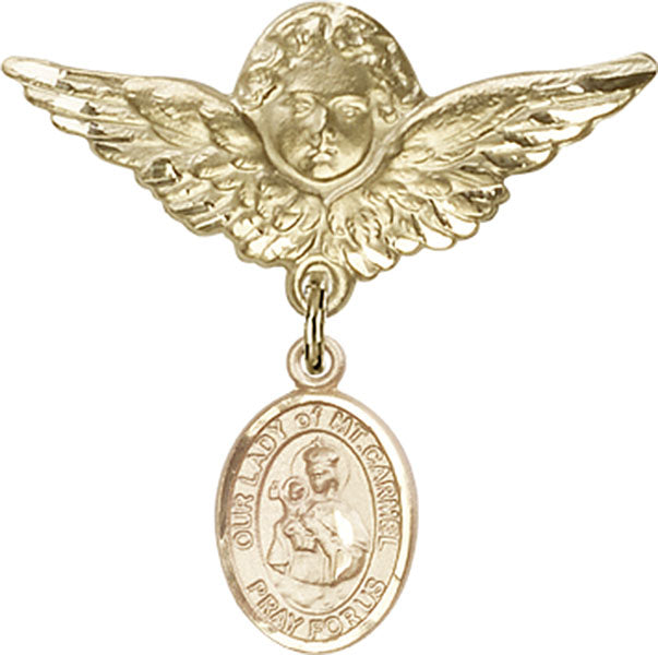 14kt Gold Baby Badge with O/L of Mount Carmel Charm and Angel w/Wings Badge Pin
