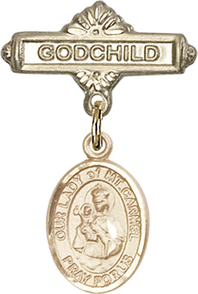 14kt Gold Baby Badge with O/L of Mount Carmel Charm and Godchild Badge Pin