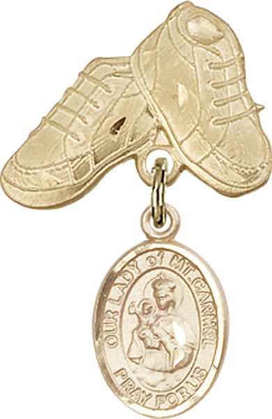 14kt Gold Baby Badge with O/L of Mount Carmel Charm and Baby Boots Pin