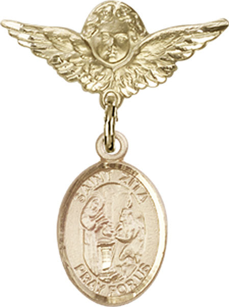 14kt Gold Filled Baby Badge with St. Zita Charm and Angel w/Wings Badge Pin